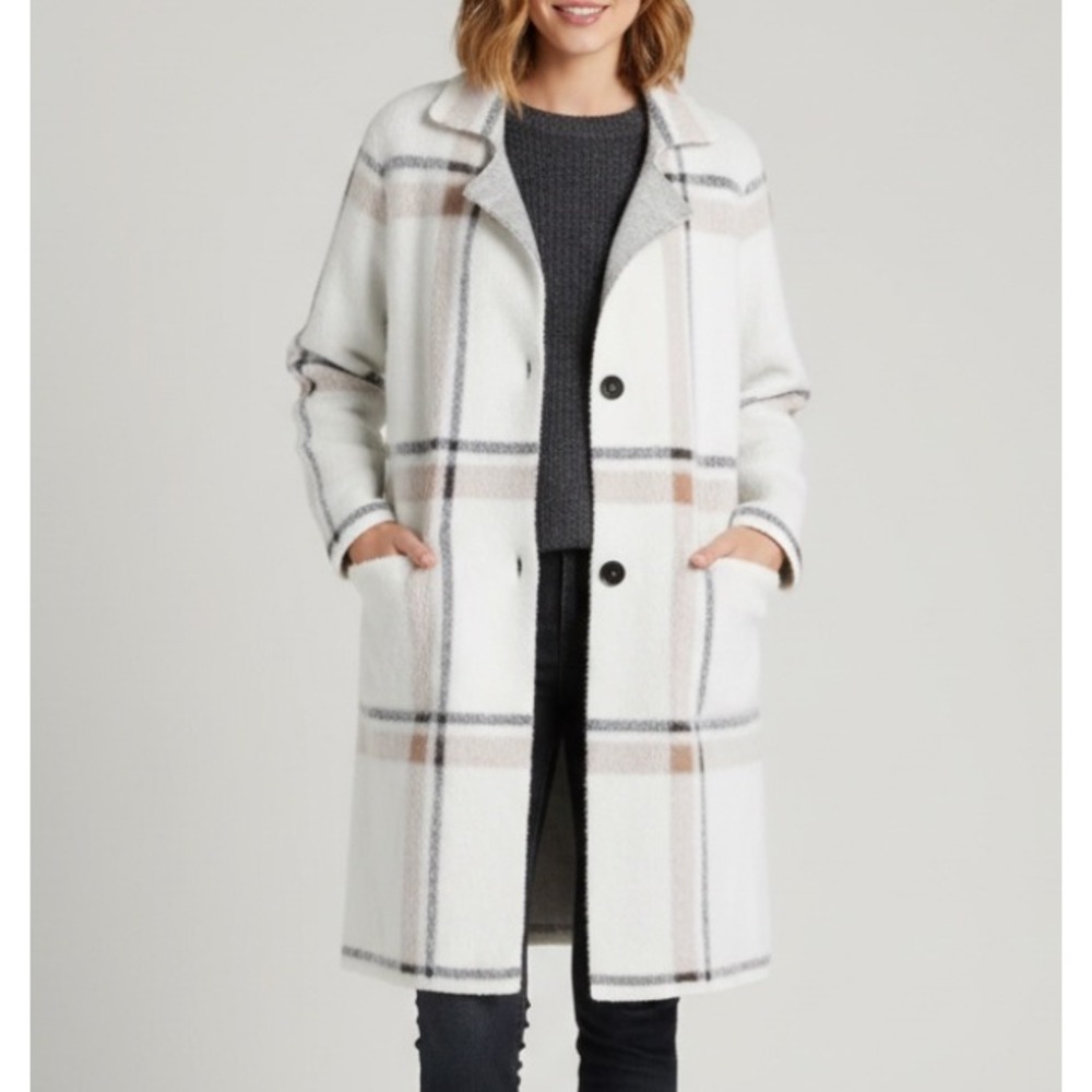 LYSSE White PLAID PRINT Button-Up FAUX MINK SWEATER 2-Pockets JACKET/COAT Sz S/M